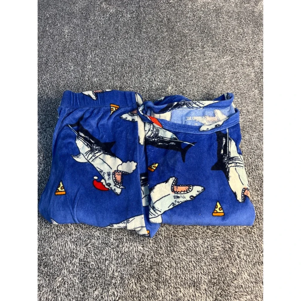 Cat &Jack Kids Blue Shark Santa Pizza Fleece Pajama Set Size14 Holiday Sleepwear